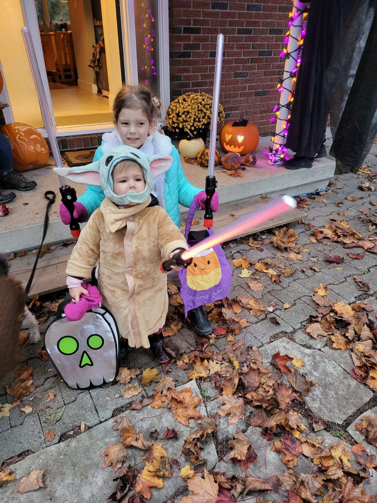 Two sisters aged 4 and 6 dressed for Halloween as Star Wars’ Princess Leah and Grogu (also commonly mistaken as ‘baby Yoda’). They’re carrying light up toy lightsabers and candy bags. They’re exiting the front door of their house, surrounded by Halloween decorations (orange pumpkin storm trooper carved, purple and orange lights wrapped around a pole, heart eyed half smiling face jack o’ lantern). In and around the Halloween decorations are also gourds, and fallen leaves (brown, auburn, red-burgundy, orange). It’s dawn, the night is crisp, they’re wearing bright pink-fuchsia mittens, winter boots, and warm winter-like garments. One wears an aqua-cyan jacket over her costume, the other under her sand coloured gown, puffing her up like a squishy marshmallow. The front door behind them is wide open, likely because they exited the house excited and unaware of it. The house inside is glowing with warm orange yellow lights giving off an “it’s cold outside warm inside” feeling. One might imagine or suspect bats flying above—Halloween, is in the air.